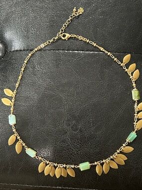 Lucky Brand Gold Leaf Necklace with Light Green Beads